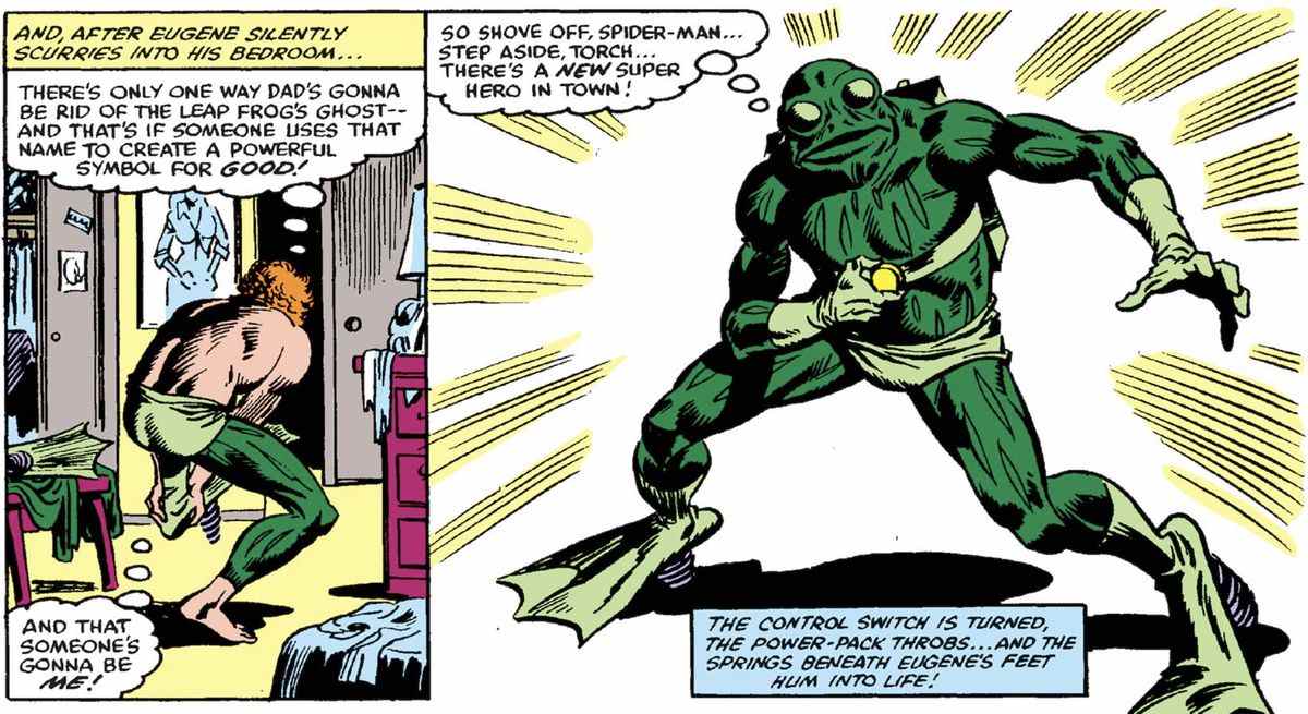 Eugene Patilio / Frog-Man, enfile pour la première fois le costume de grenouille à ressort de son père.  