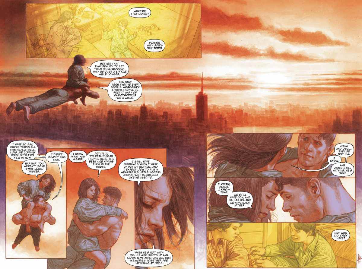 Lois Lane et Superman discutent des changements dans leur vie après son retour de l'espace avec deux jeunes enfants kryptoniens, tout en planant au-dessus de Metropolis pendant un coucher de soleil magnifiquement rendu dans Action Comics # 1047 (2022). 
