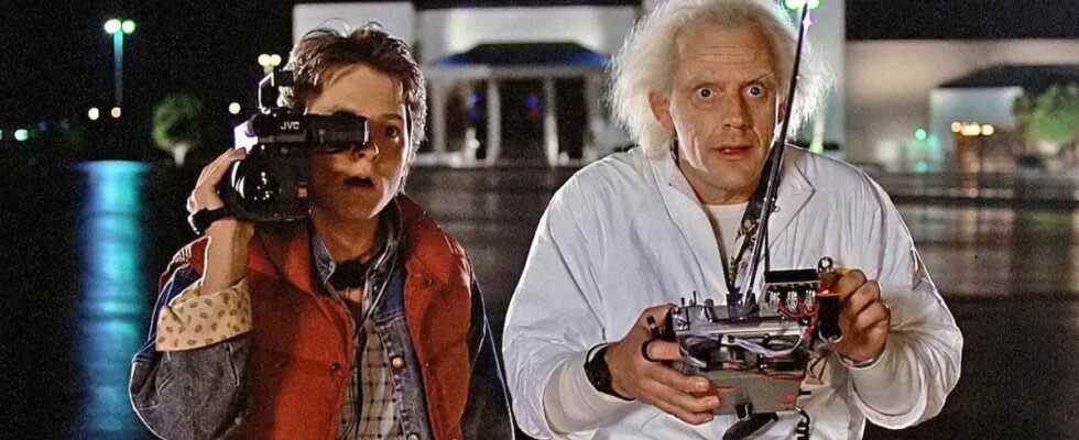 Marty McFly and Doc Brown in Back to the Future testing out the time machine
