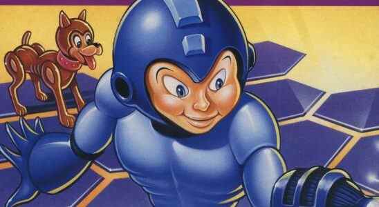 A picture of the Mega Man DOS cover showing a close-up of Mega Man