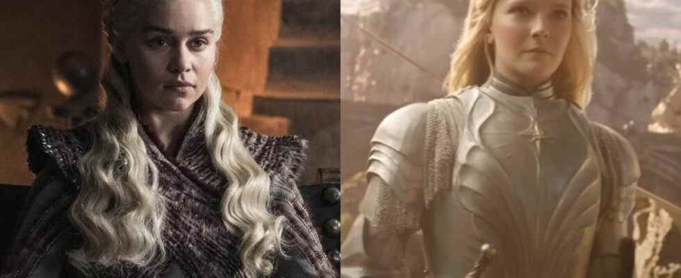 Emilia Clarke in Game of Thrones and Morfydd Clark in Rings of Power