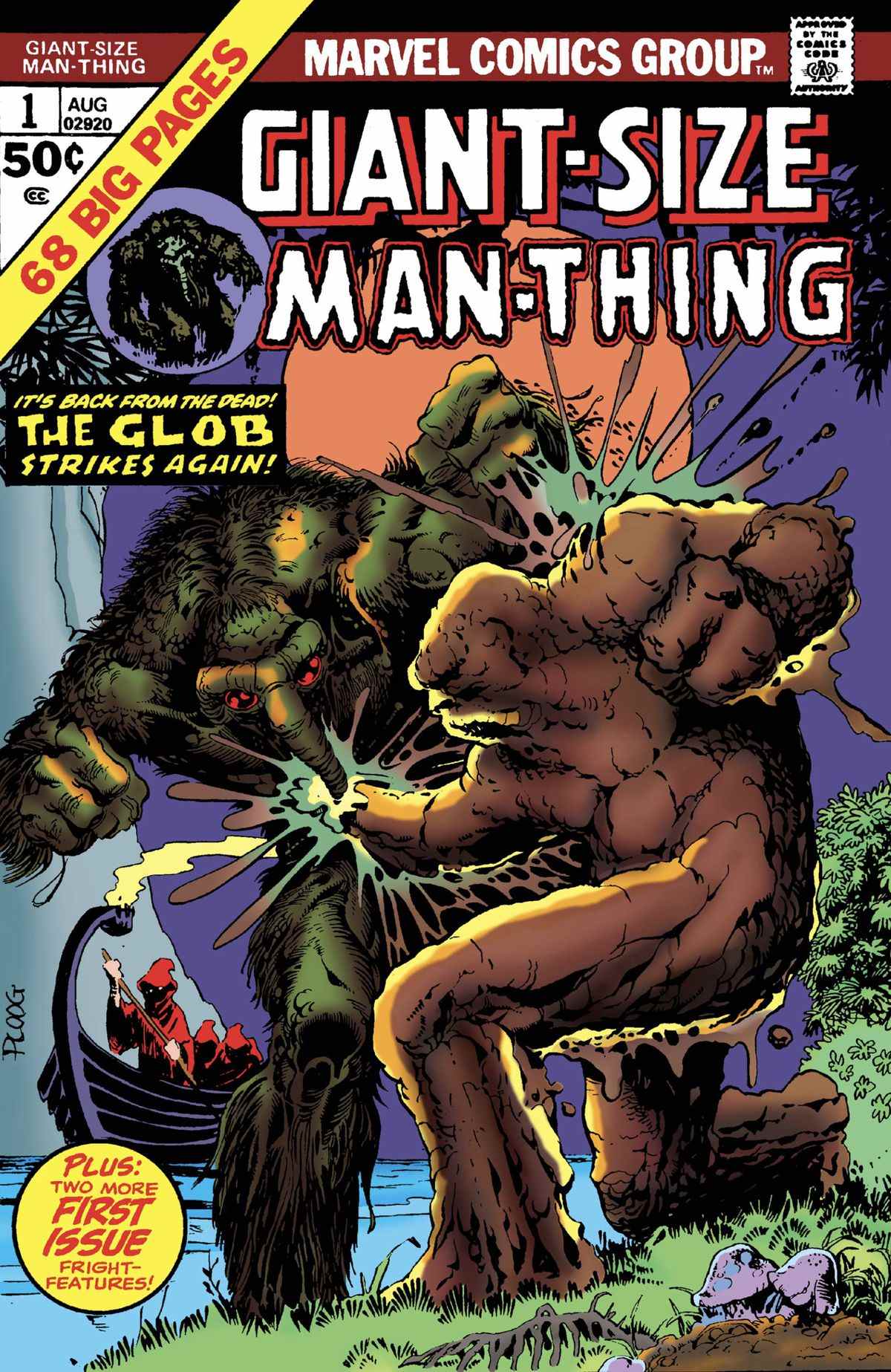Man-Thing et le Glob s'affrontent dans un marais sur la couverture du numéro de 68 pages, Giant-Size Man-Thing # 1 (1974).