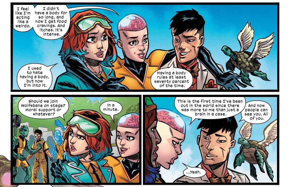 Escapade, Cerebella et Morgan Red parlent de leur relation avec le fait d'avoir des corps, en tant que transwoman, personne non binaire et fille qui était jusqu'à récemment un cerveau désincarné dans New Mutants # 31 (2022). 