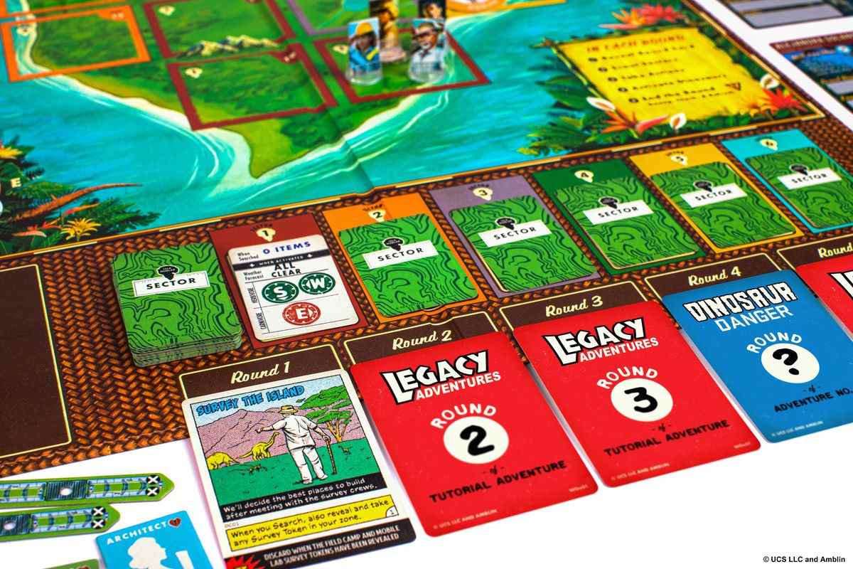 Les cartes rondes de Legacy of Isla Nublar, qui guident le jeu d'un tour à l'autre.  Au-dessus d'eux, les actions instantanées des dinosaures se déroulent dans chaque secteur de l'île.