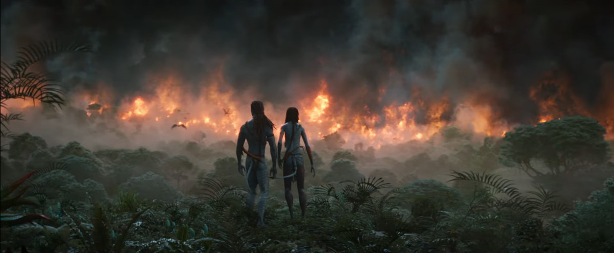Deux Na'vi se profilent devant une forêt en feu