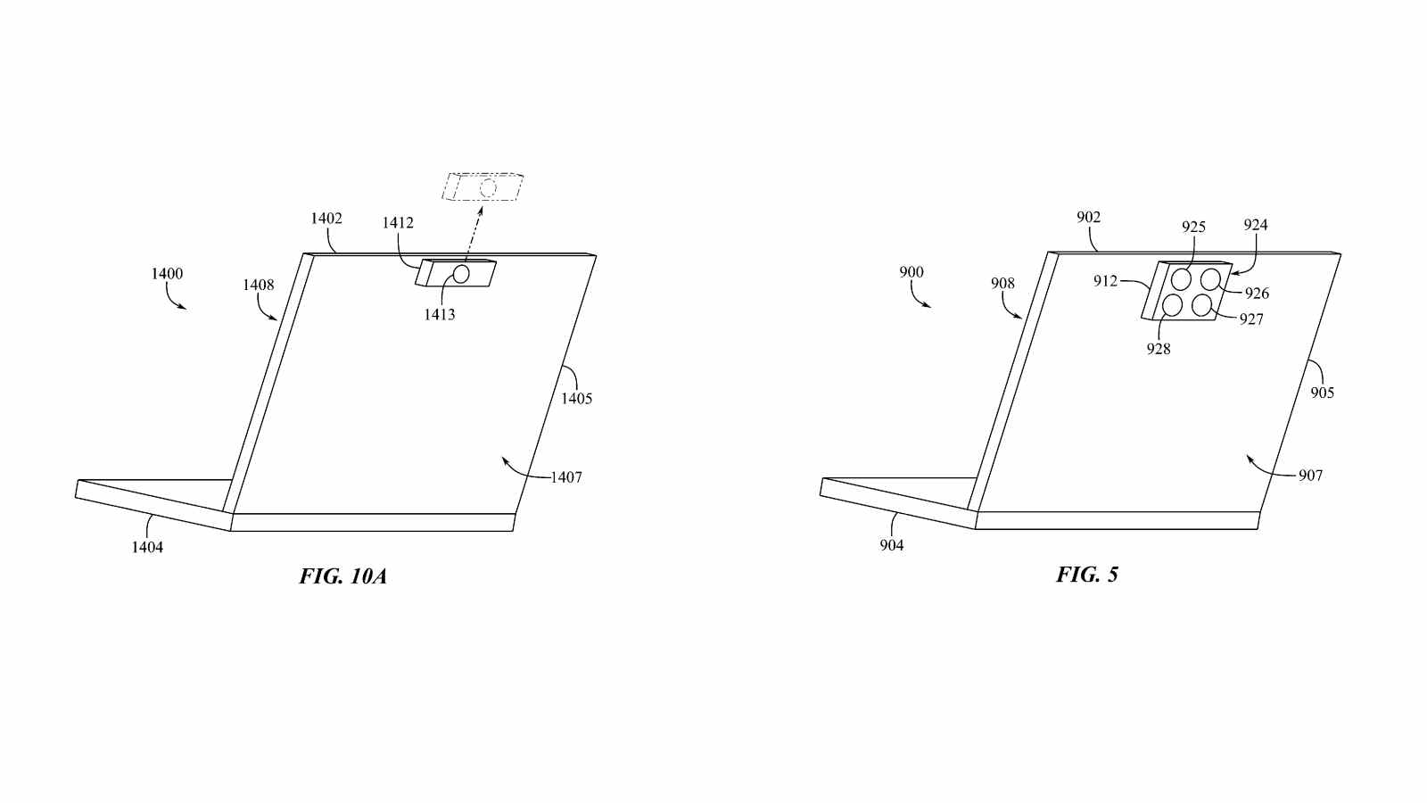 Deux illustrations de brevet montrant un ordinateur portable avec un module de caméra arrière