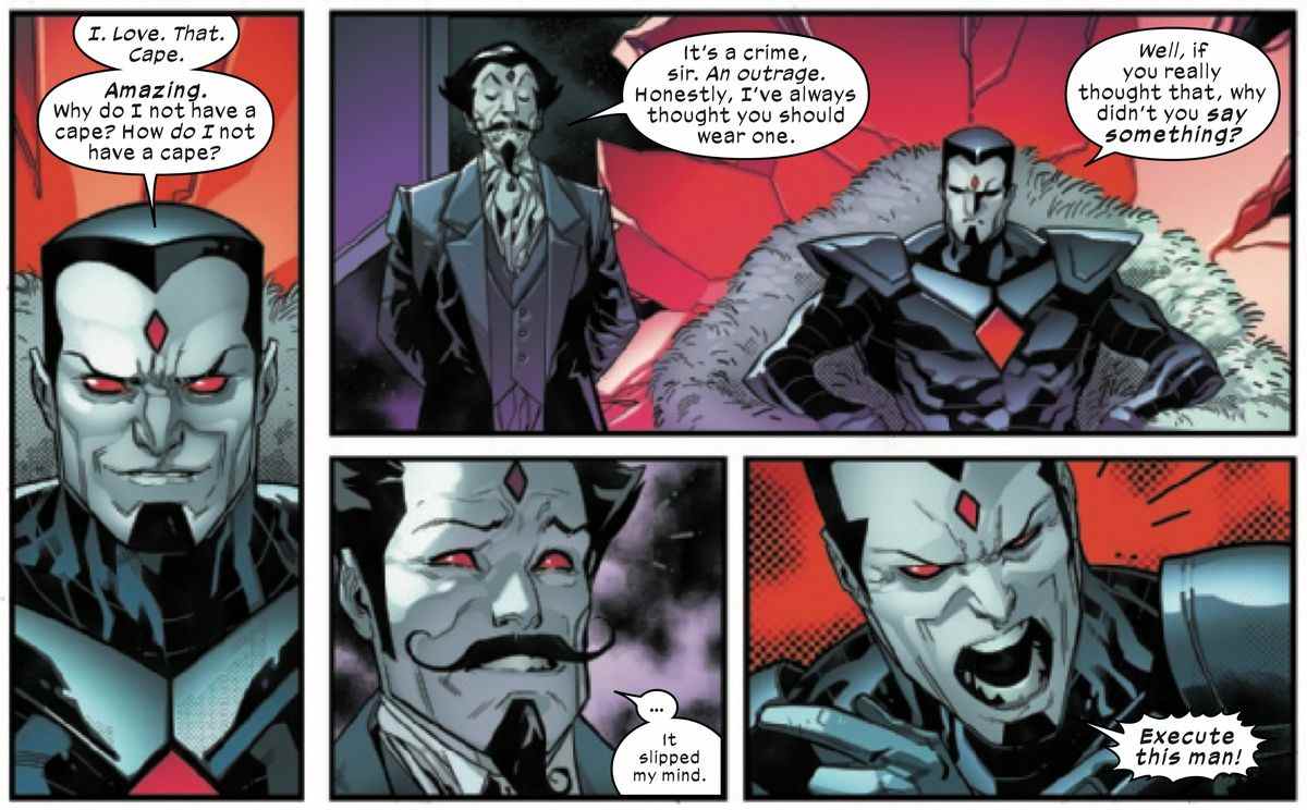 Mister Sinister exprime le désir d'une cape, puis ordonne l'exécution d'un conseiller - qui est également un clone de Mister Sinister - pour ne pas lui avoir conseillé d'obtenir une cape, dans Powers of X # 4, Marvel Comics (2019).
