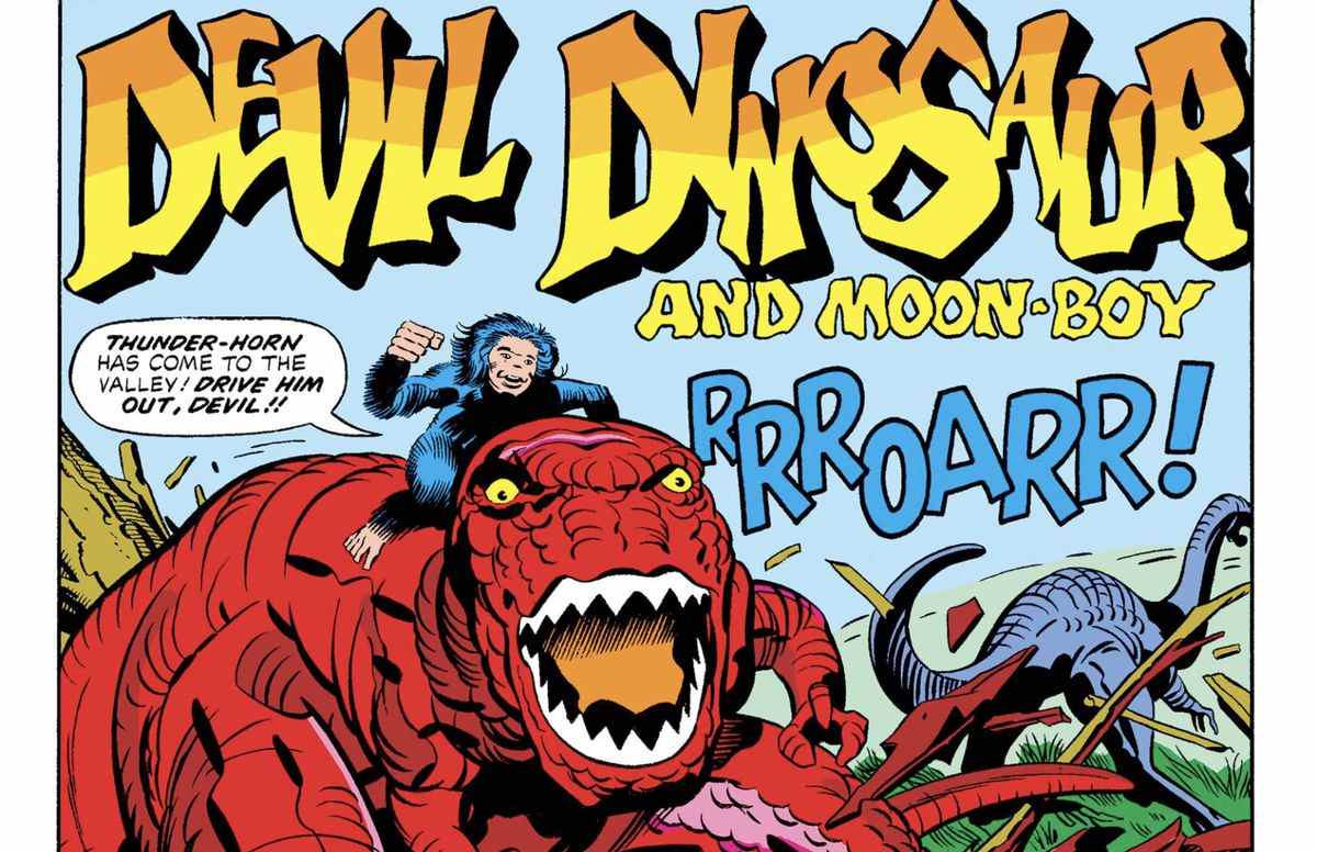 « Thunder-Horn est arrivé dans la vallée !  Chassez-le, Devi !! »  crie l'hominidé Moon Boy, alors qu'il chevauche Devil Dinosaur dans Devil Dinosaur # 1 (1978). 