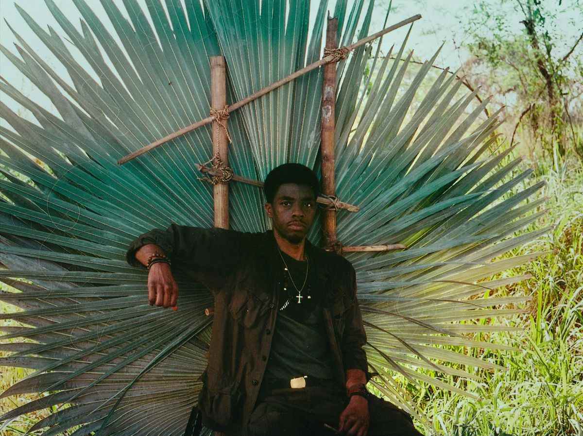 Un homme (Chadwick Boseman) assis sur un trône de bambou avec un support de feuilles tropicales.