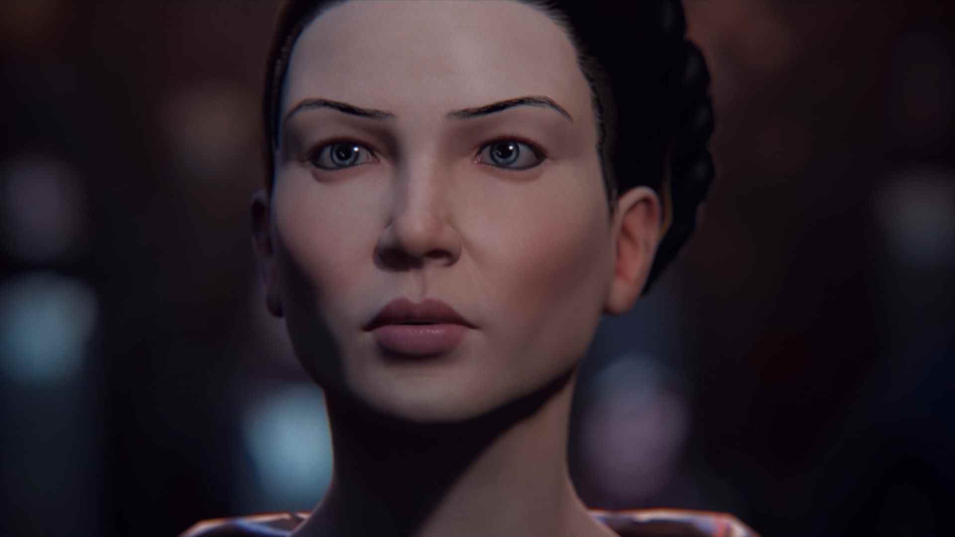 Extension d'Eve Online Uprising : Gros plan sur le visage d'une femme, elle a l'air farouchement déterminée et peut-être quelque peu préoccupée par ce qui va arriver
