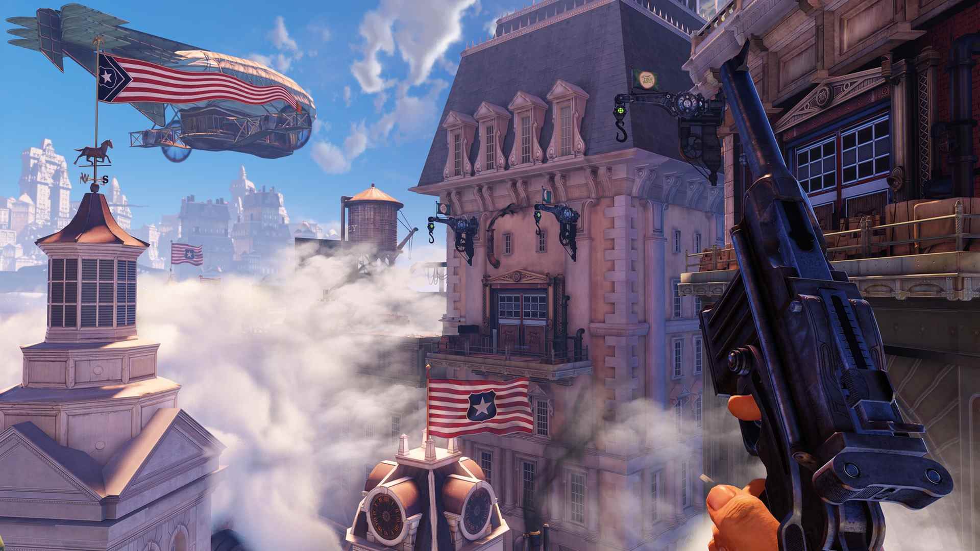 BioShock Infinite vue sur le toit de la ville de Columbia à la première personne