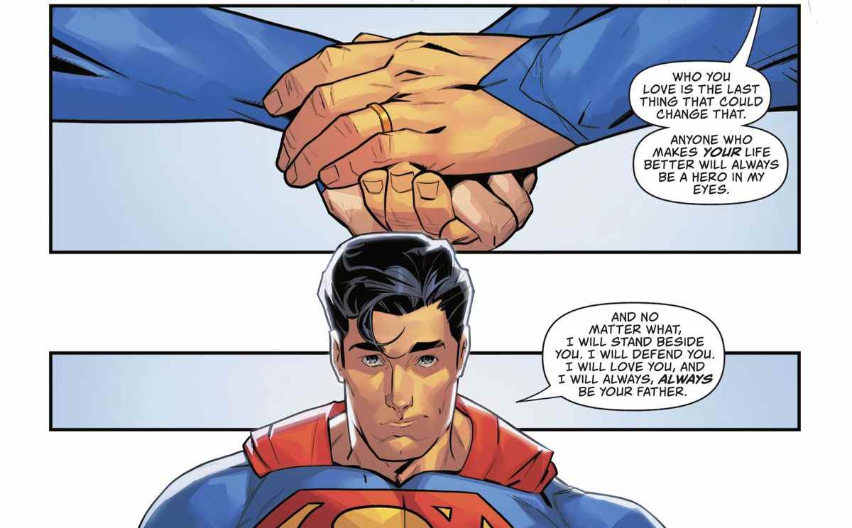 Clark/Superman tient la main de son fils Jon/Superman, l'alliance de Clark clairement visible.  