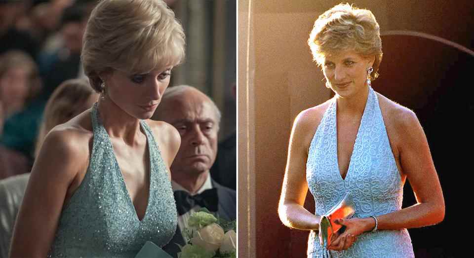 Elizabeth Dibicki (L) dans le rôle de la princesse Diana dans The Crown, Diana à la Serpentine Gallery en 1995. (Netflix/Getty Images)