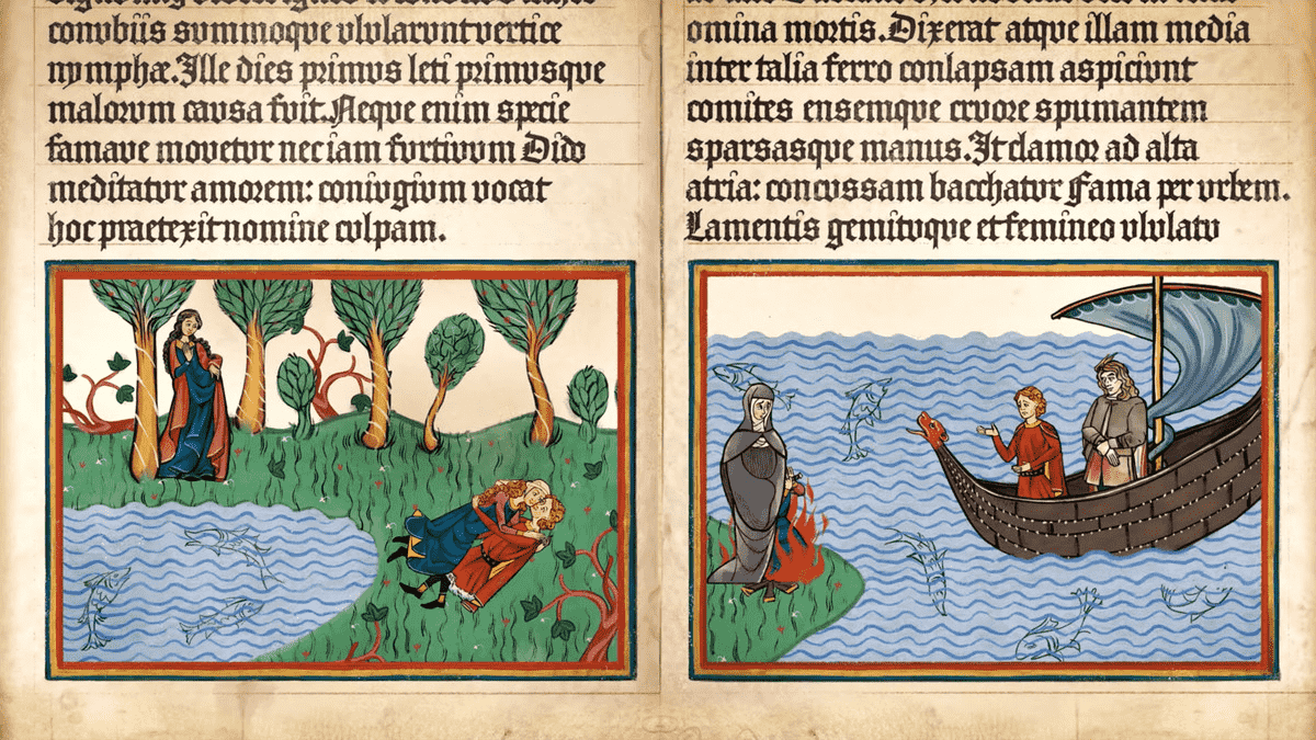 Deux pages d'un livre remplies à moitié d'écriture gothique.  Au bas de chaque page, il y a des illustrations représentant des personnes au bord et sur un lac.