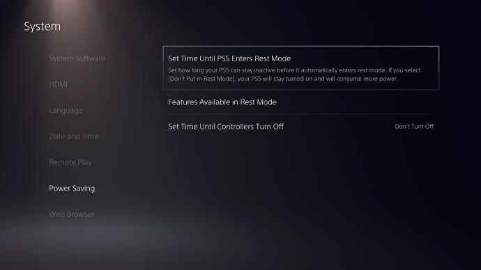 Une capture d'écran des options d'alimentation de la PlayStation 5.
