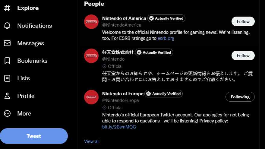 Une capture d'écran de Twitter montre que deux comptes Nintendo sont officiels, mais qu'un compte officiel ne l'est pas