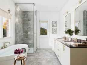 La salle de bain principale ressemble à un spa, avec une douche en verre sans cadre, des éléments chromés et une baignoire autoportante.  Photographie de Vandyk Properties