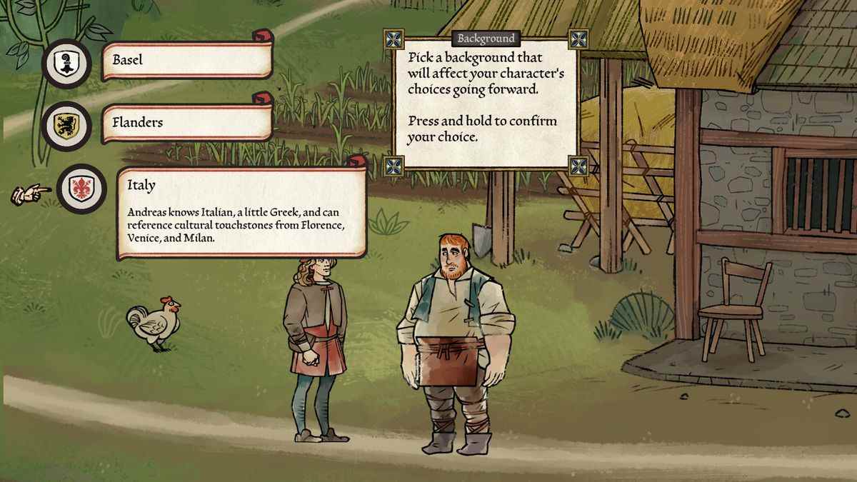 Pentiment offre aux joueurs un choix de l'histoire d'Andreas alors qu'il parle à un fermier, avec des pages manuscrites planant au-dessus de la scène