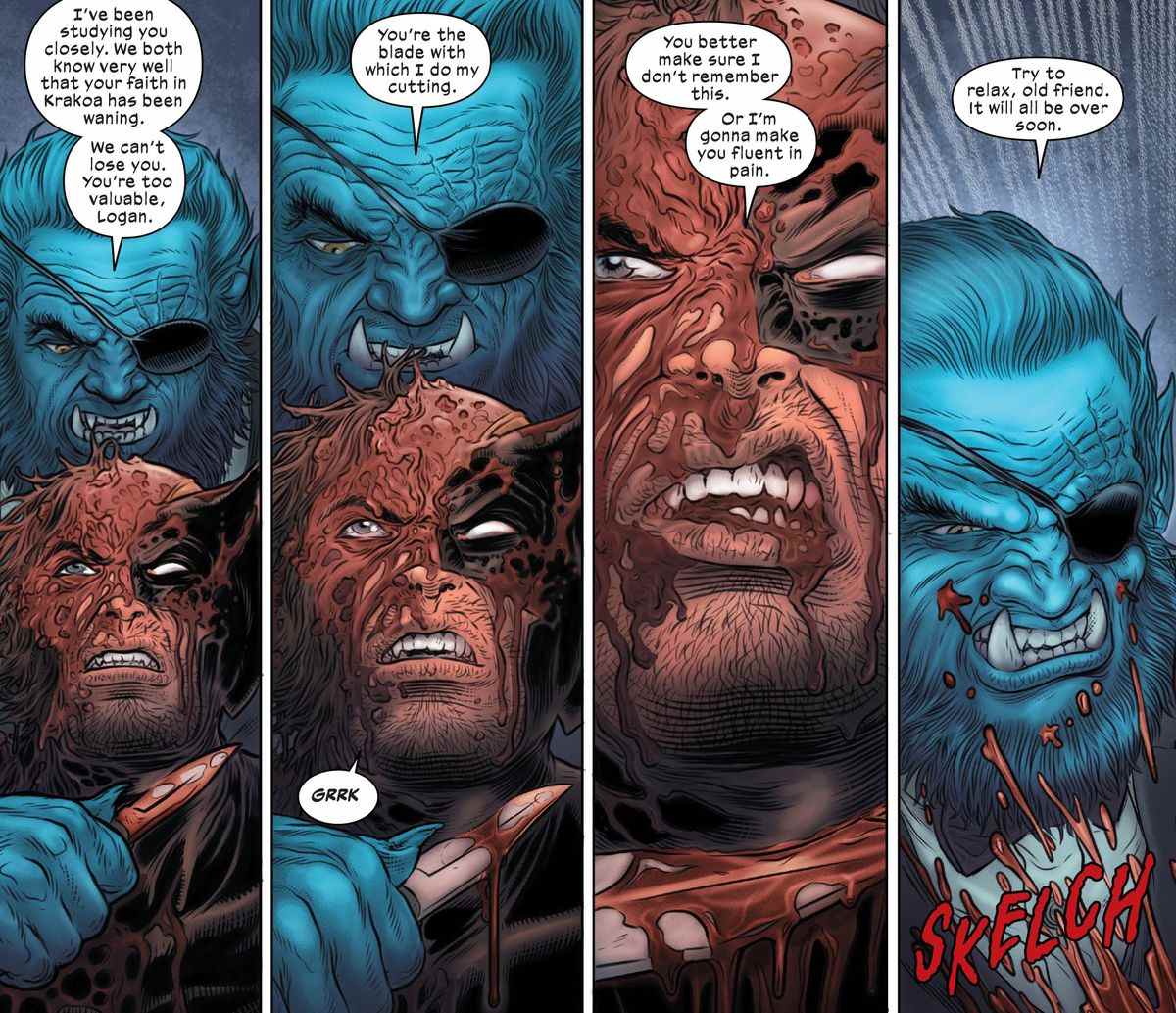 Beast et Wolverine échangent des barbes avant que Beast ne tranche la gorge de Wolverine dans Wolverine # 27 (2022).