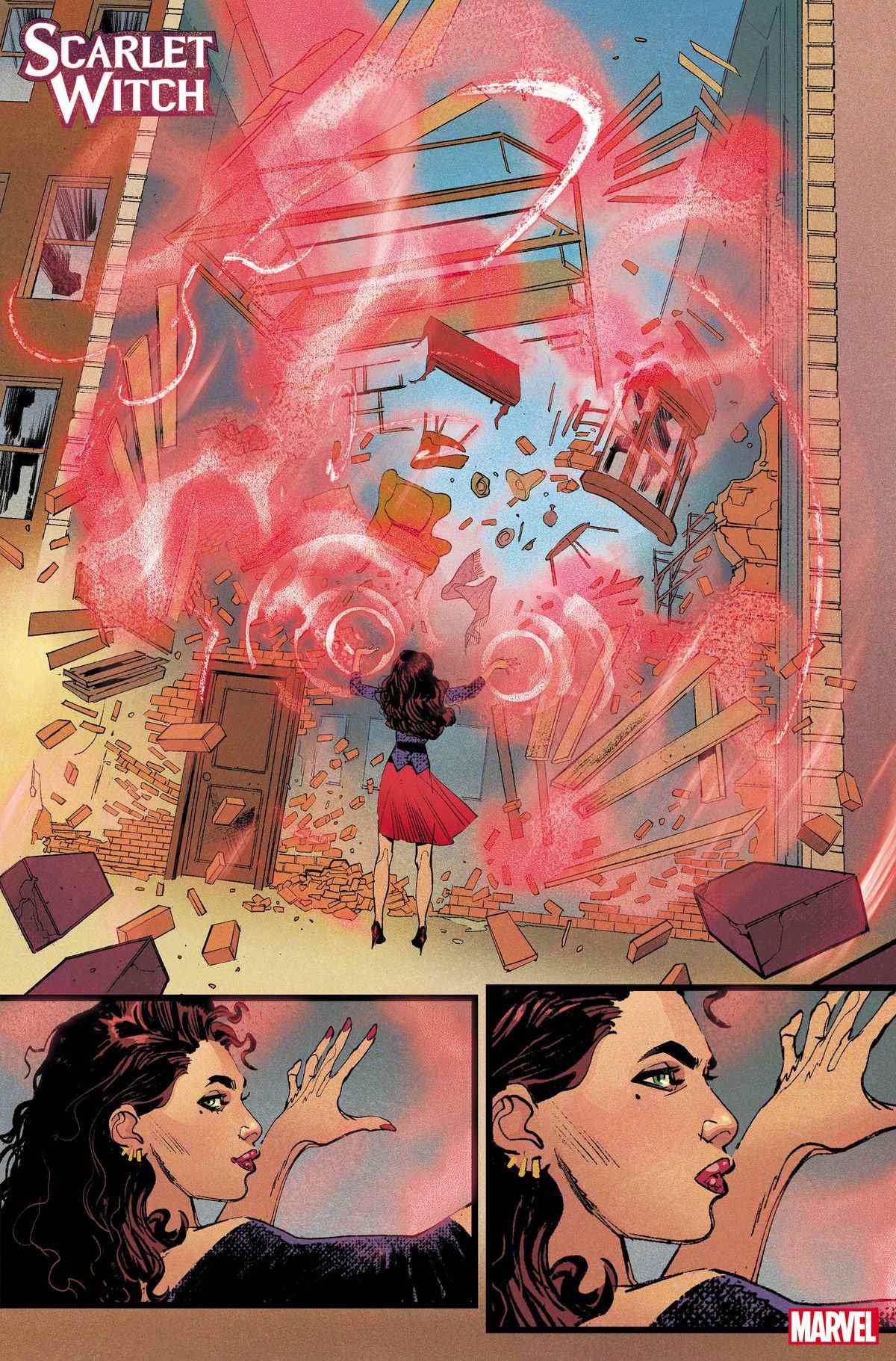 La sorcière écarlate regarde par-dessus son épaule alors qu'elle utilise la magie pour créer un magasin dans Scarlet Witch # 2 (2023). 