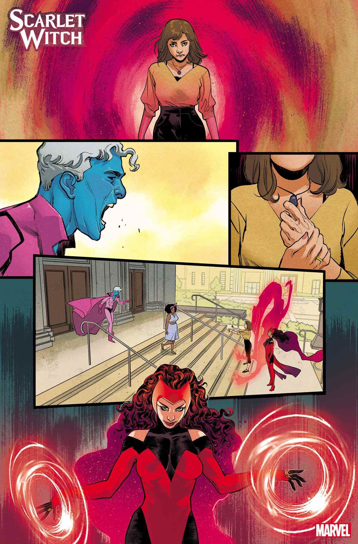 Des trucs magiques se produisent entre Wanda et un homme à la peau bleue sur certaines marches de Scarlet Witch # 2 (2023). 