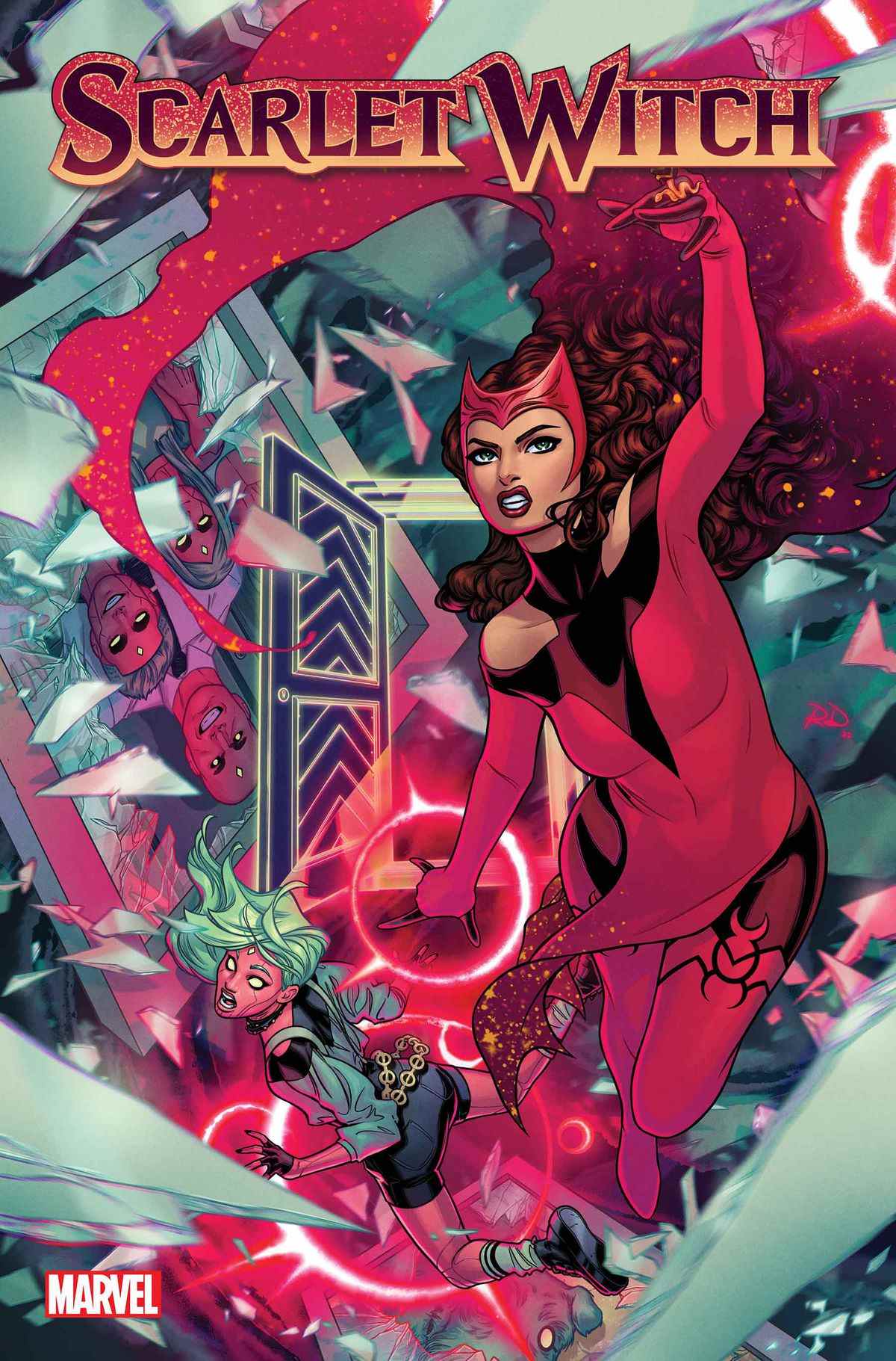 La Scarlet Witch et Viv Vision volent à travers un violent collage d'éclats de miroir représentant la famille Vision sur la couverture de Scarlet Witch # 2 (2023).