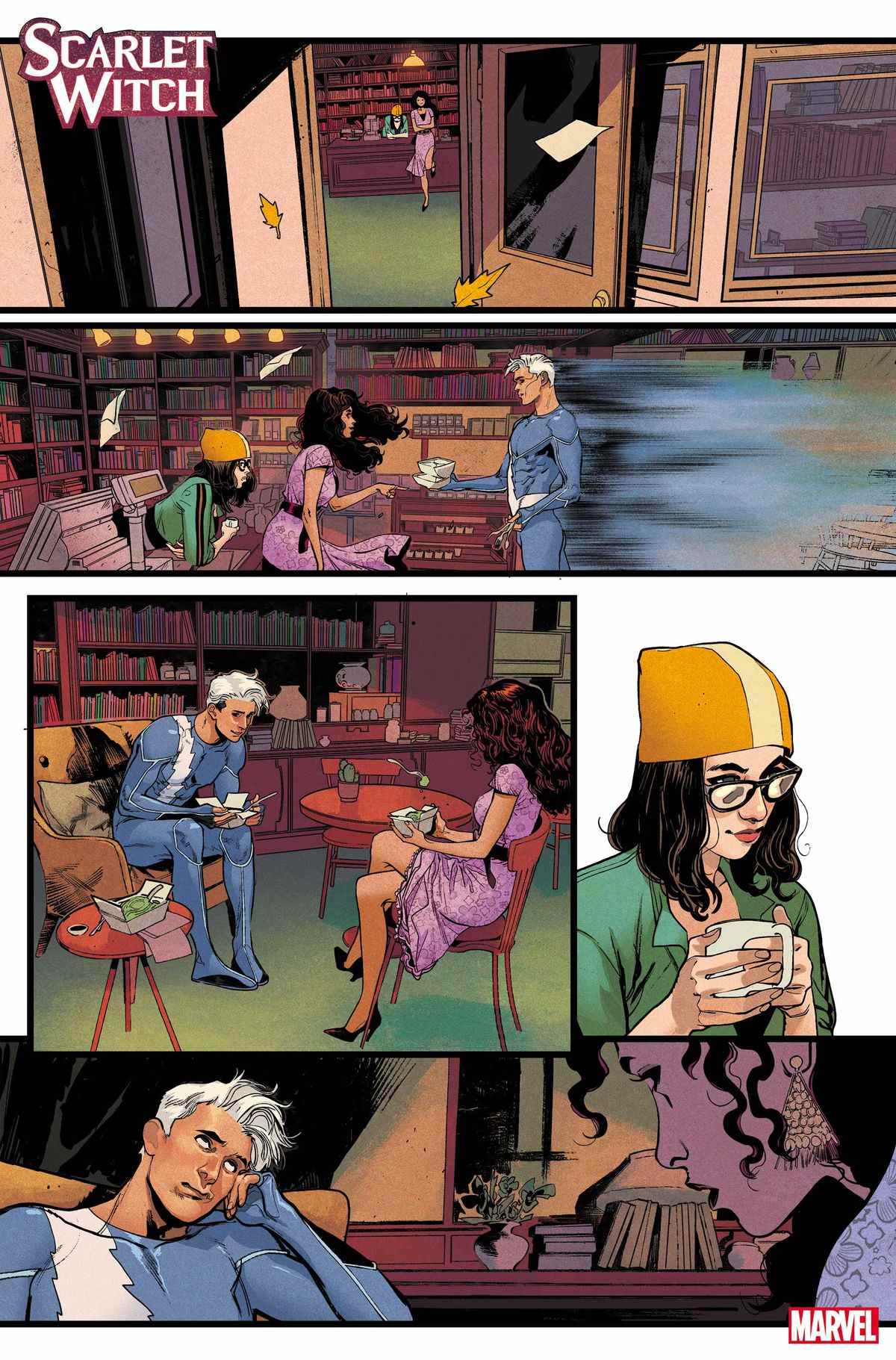 Quicksilver reçoit des plats à emporter et lui et Wanda discutent sous le regard de Darcy dans Scarlet Witch # 2 (2023). 