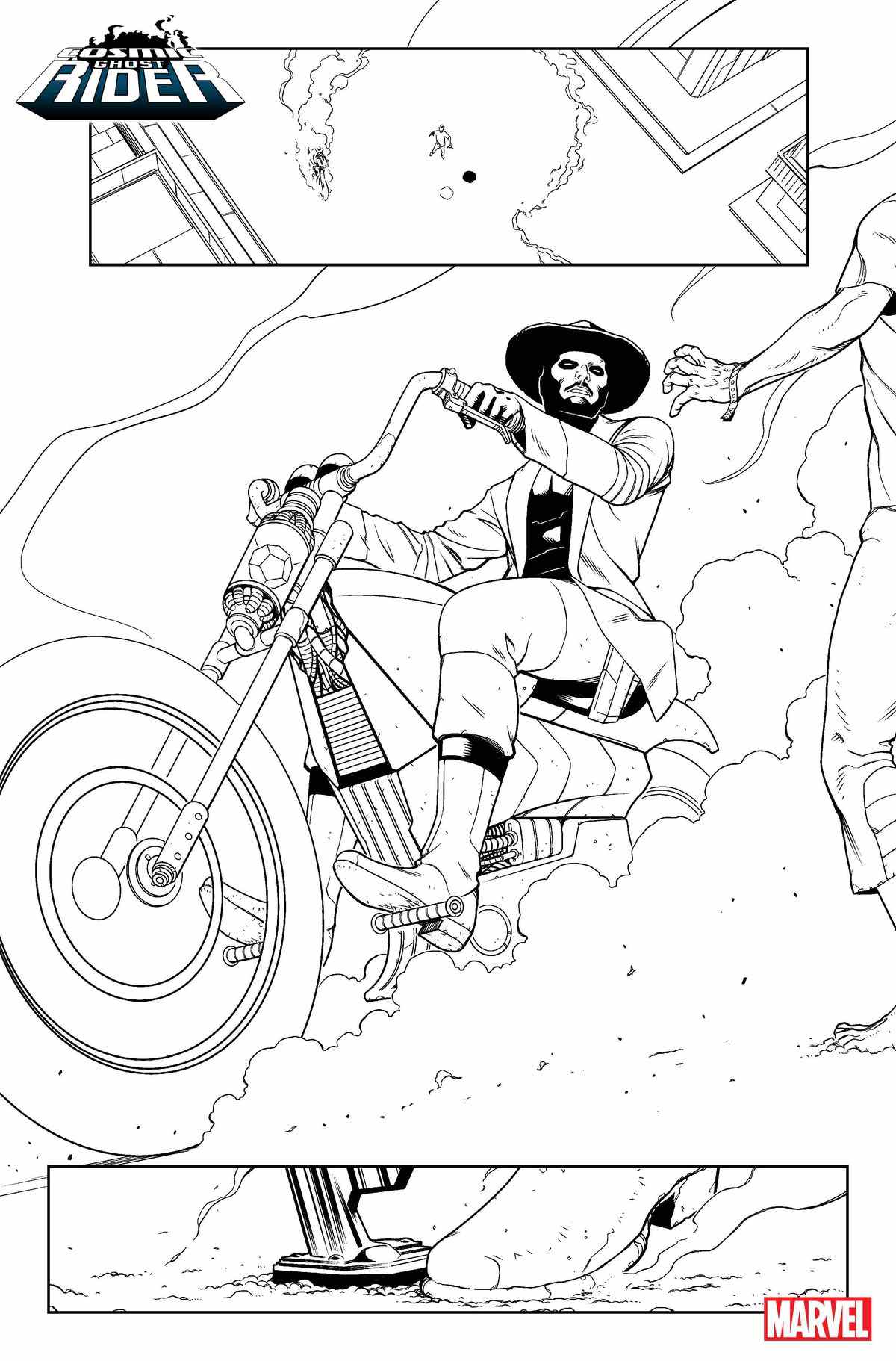 Un gars portant un large chapeau dérape une moto et s'arrête de manière menaçante dans l'art en noir et blanc de Cosmic Ghost Rider # 1 (2023).
