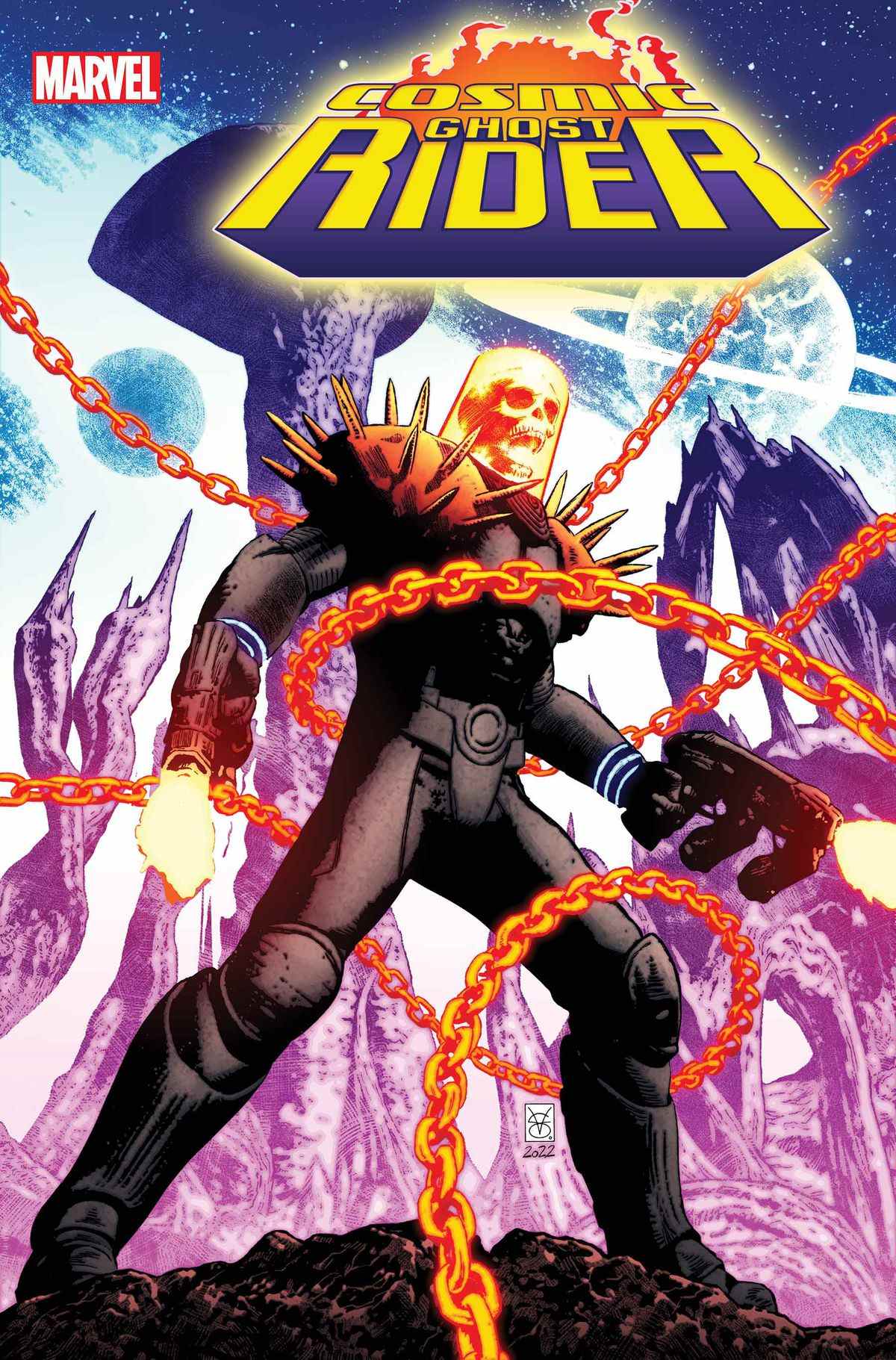 Le Cosmic Ghost Rider tire avec ses armes tandis que des chaînes l'enveloppent sur la couverture de Cosmic Ghost Rider # 1 (2023).