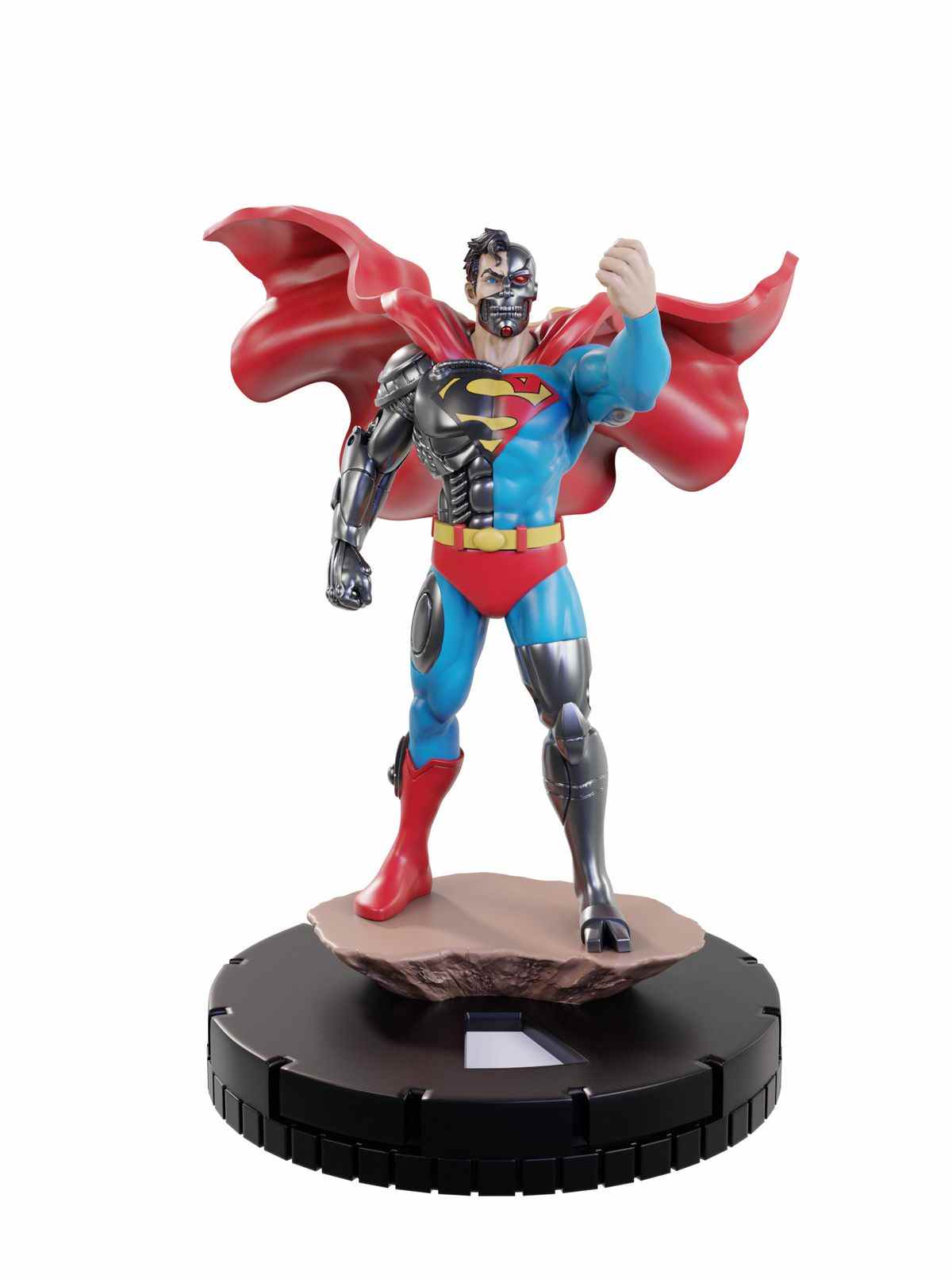 Cyborg Superman lève le poing en signe de défi.  Il s'agit d'une figurine en plastique reposant sur une base encliquetable.