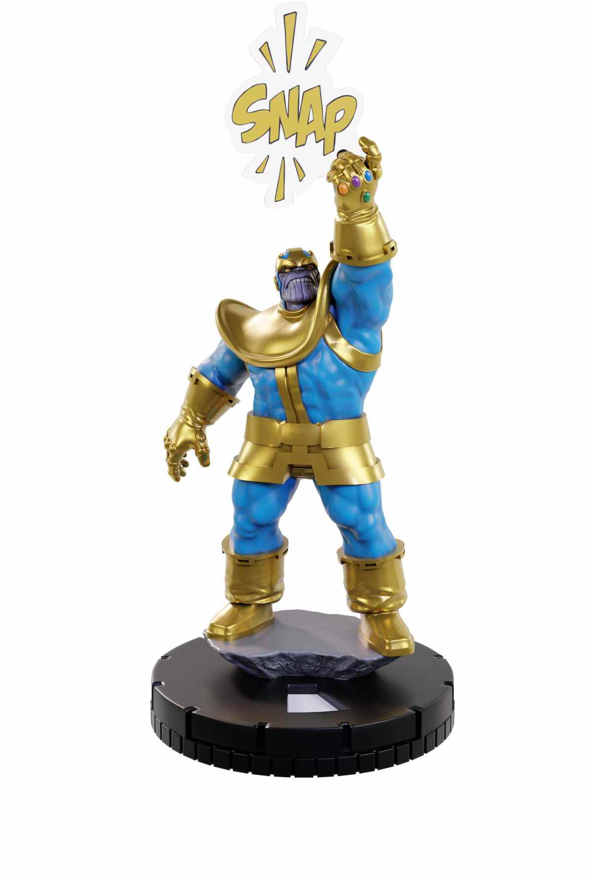 Thanos se lève, le bras levé, et claquant la mort de la moitié de l'univers.  Il s'agit d'une figurine miniature reposant sur un socle noir à cliquetis.
