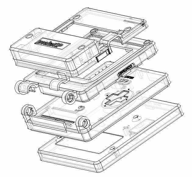 Une vue CAO éclatée de la coque personnalisée du Game Boy Pocket SP, conçue par Allison Parrish.