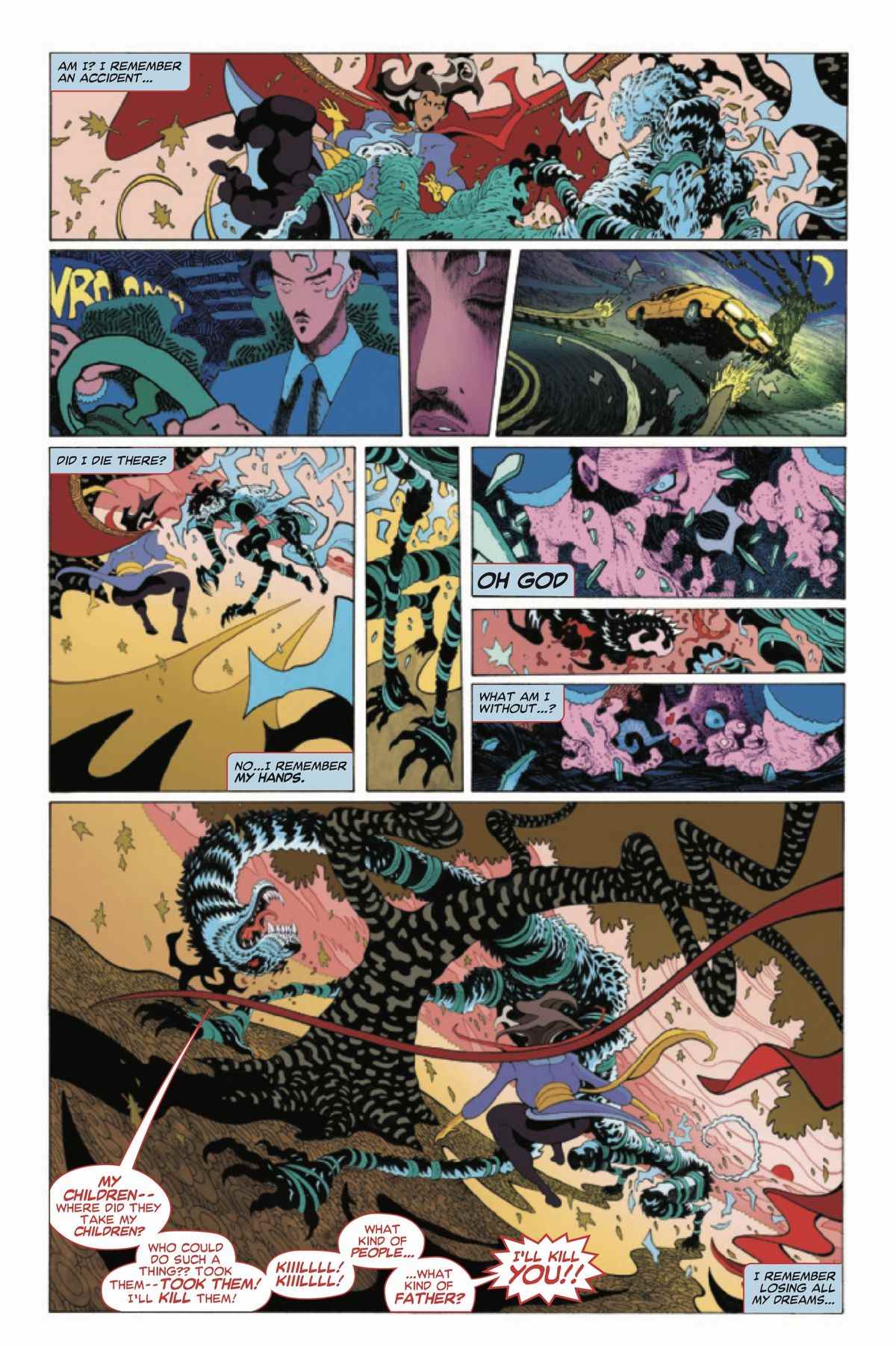 Une page de Doctor Strange # 1 (Marvel Comics, 2022) où des scènes oniriques de l'histoire d'origine de Doctor Strange sont entrecoupées d'une scène du présent où Doctor Strange combat un tigre fantôme.