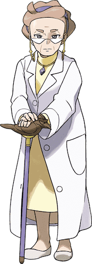 Le professeur Magnolia porte une robe droite jaune et une blouse de laboratoire entièrement boutonnée.  Elle tient à deux mains une canne à pommeau à tête d'oiseau.