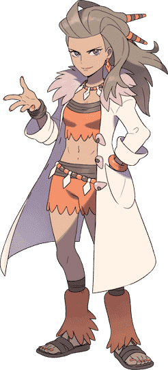 L'art du professeur Sada pour Pokémon Scarlet.  Elle porte une chemise et un haut ressemblant aux Pierrafeu et un long manteau.