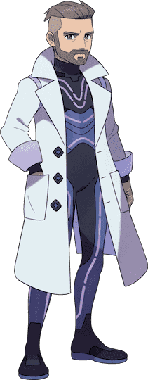 L'art du professeur Turo pour Pokémon Violet.  Il porte un costume complet au look futuriste en noir et violet foncé.