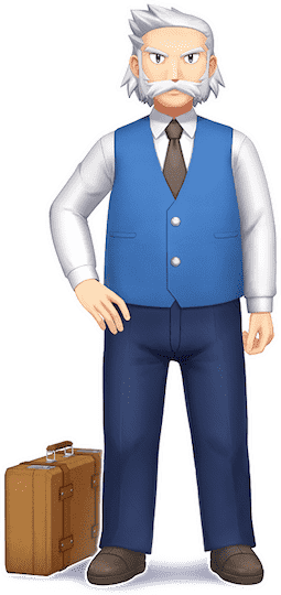 Le professeur Rowan, un homme en pantalon, gilet bleu boutonné, est debout.  Il tient une mallette.  Ses côtelettes de mouton sont folles.