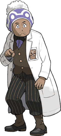 Le professeur Laventon de Pokemon porte un pantalon à rayures, un gilet boutonné et un nœud papillon.