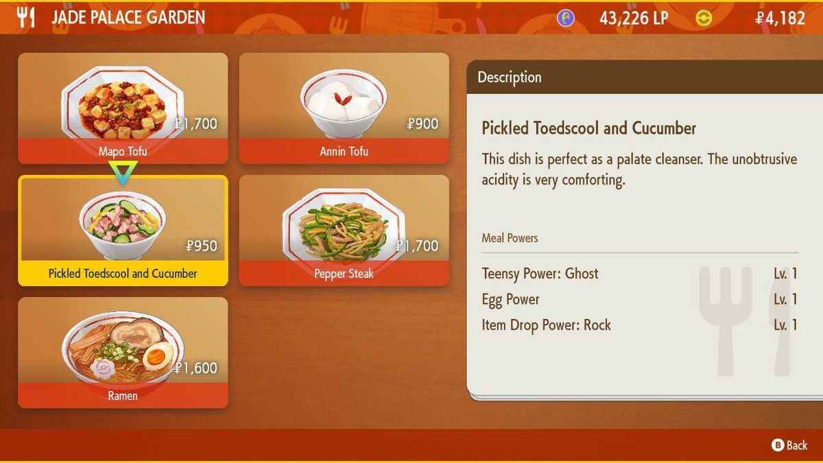 Une capture d'écran d'un menu de restaurant dans Pokémon Scarlet et Violet.  « Pickled Toedscool and Cucumber » est mis en surbrillance.  Le plat ressemble à un mélange de concombre, de champignon et de poivre.