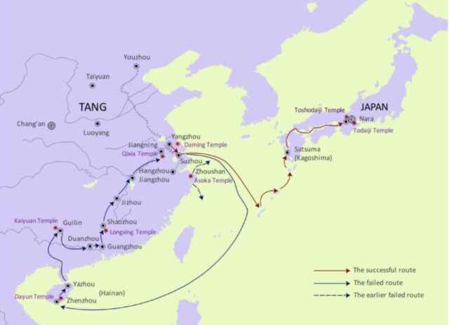 Une carte des six tentatives de voyage de Jianzhen au Japon. 