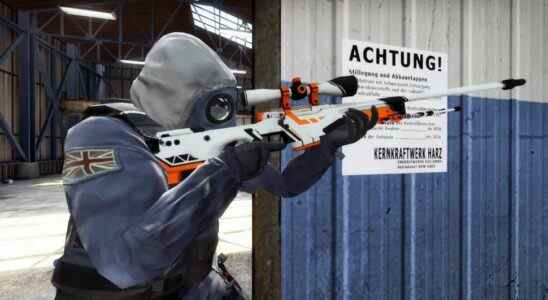CS:GO counter-terrorist aims AWP rifle in hallway
