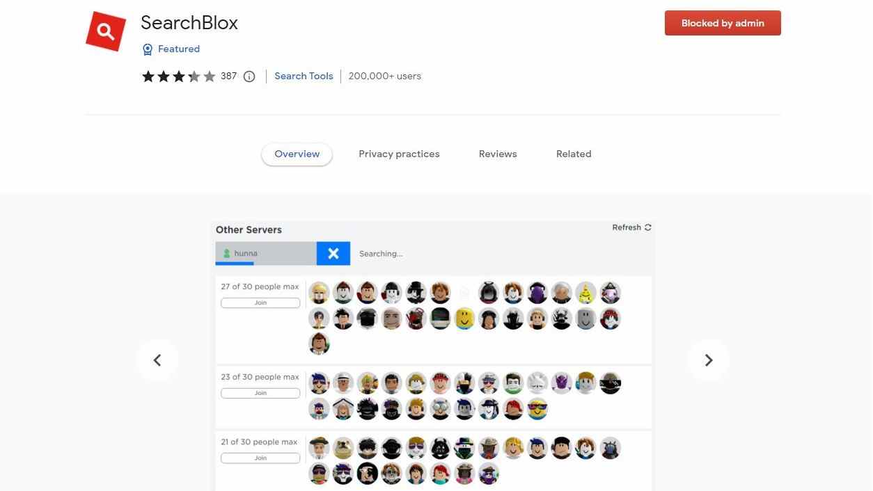 Une capture d'écran de l'extension SearchBlox dans le Chrome Web Store