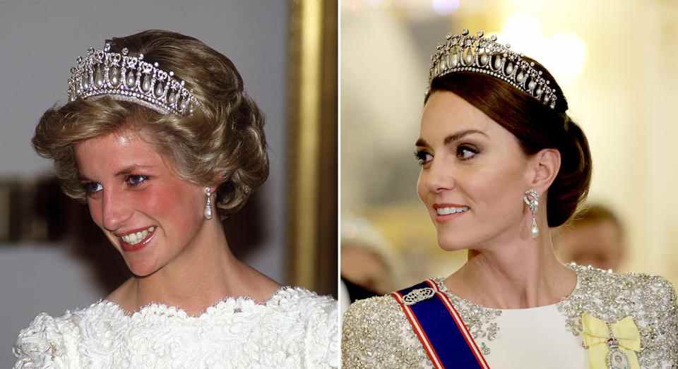 La princesse de Galles portait le diadème Lover's Knot, précédemment offert à Diana par feu la reine.  (Getty Images)