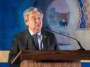 Le Secrétaire général des Nations Unies, Antonio Guterres, s'exprime lors du Forum mondial de l'Alliance des civilisations des Nations Unies à Fès, dans le nord du Maroc.