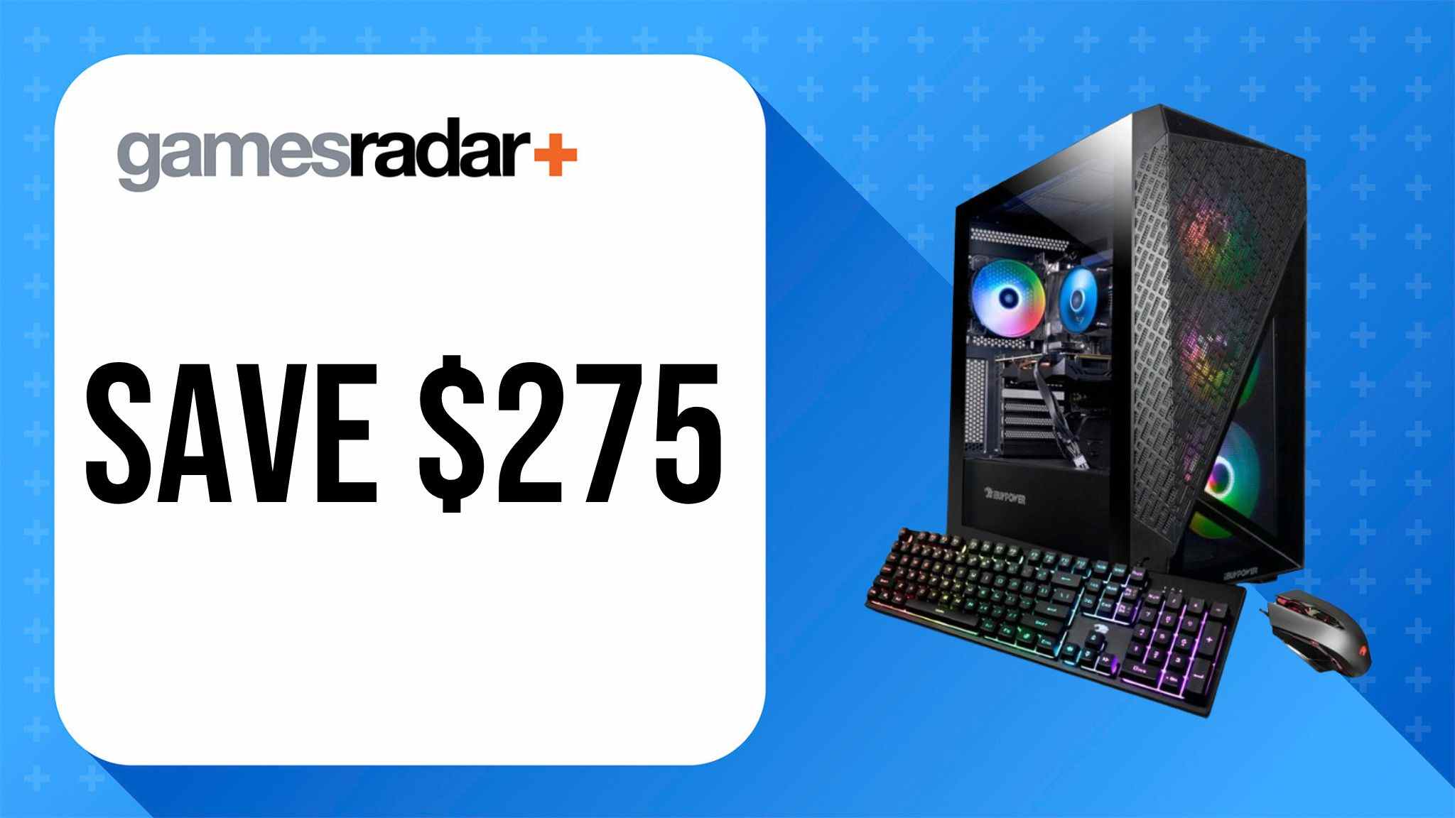 Image de l'offre iBUYPOWER SlateMESH Gaming Desktop avec un timbre d'économie de 275 $ et un fond bleu