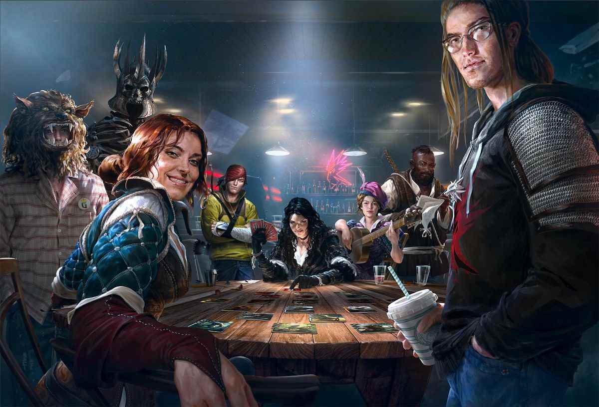 L'art clé de la révélation initiale de Gwent: The Witcher Card Game montre une table avec des personnages familiers – y compris un loup-garou – dans un cadre assez moderne.