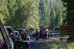 La circulation se forme à l'entrée de Big Oak Flat alors que les visiteurs arrivent pour le week-end du 4 juillet dans le parc national de Yosemite, Californie, États-Unis, le 2 juillet 2021.