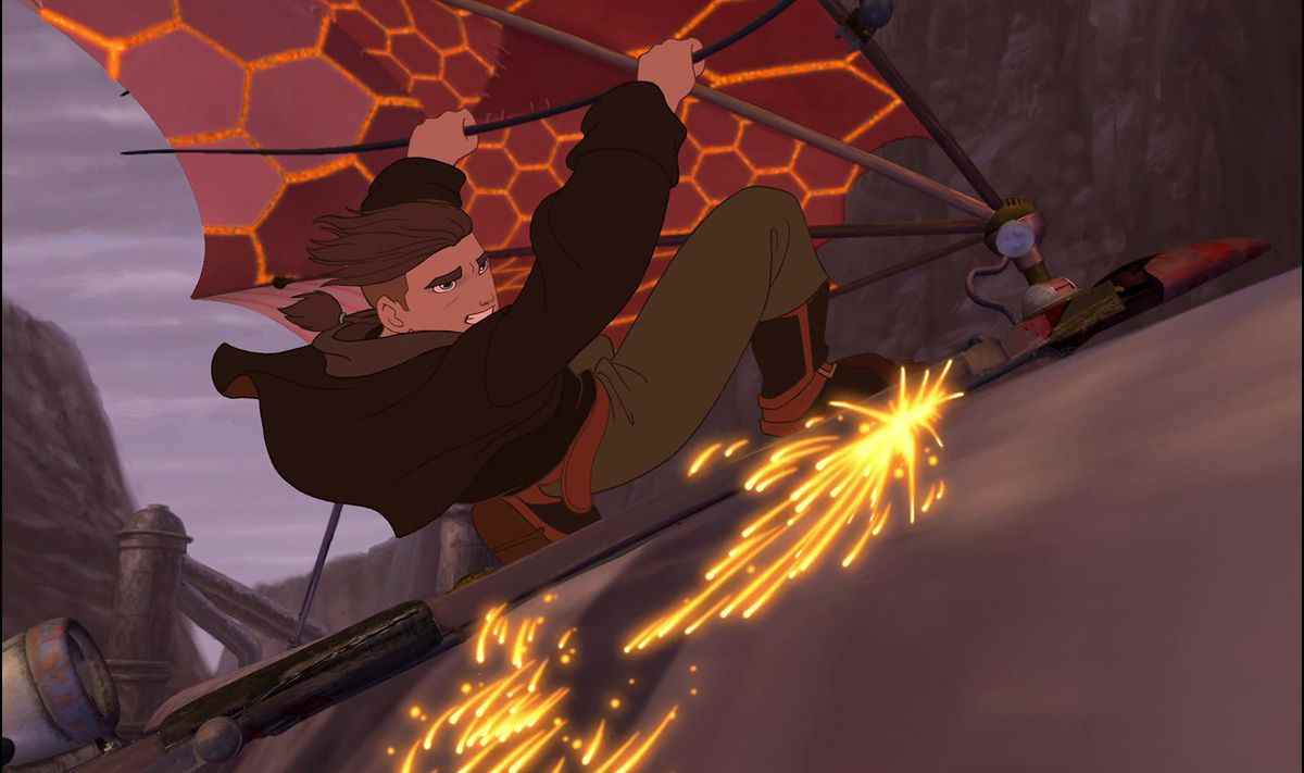 Le protagoniste Jim Hawkins accroche la voile rouge vif de son surfeur solaire, les dents serrées et des étincelles volant sous ses pieds, dans l'aventure animée Disney Treasure Planet