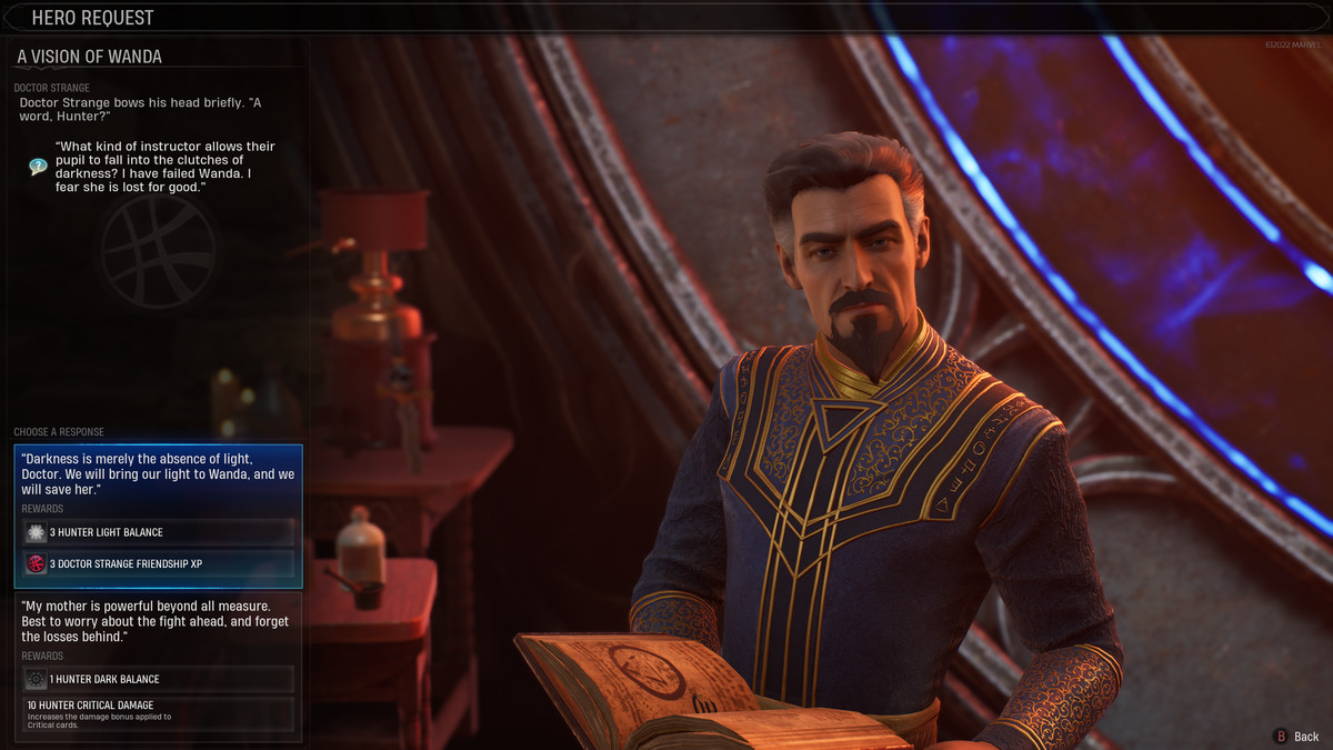 Le joueur parle au Dr Strange pendant une accalmie à l'abbaye, le monde central de Marvel's Midnight Suns, entre les missions au tour par tour