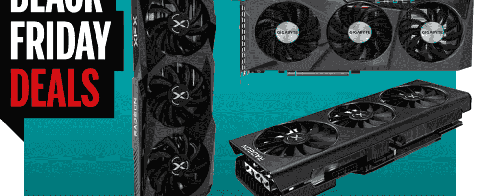 An image showcasing three AMD GPUs.